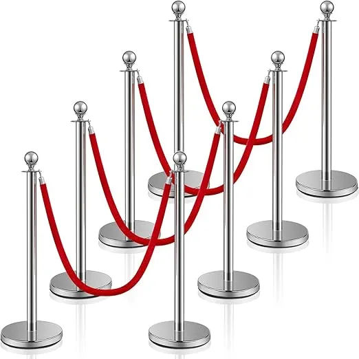 Ferraycle 8 Pcs Stainless Steel Stanchion Post Queue 5 ft Velvet Rope Carpet Ropes and Poles Crowd Control Barriers Sand Injection Hollow Base and Velvet Ropes Set for Party Supplies (Silver)