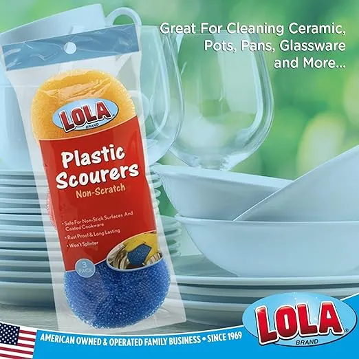 Lola Products Plastic Mesh Scouring Pads - 3.375" x 1.25", Durable Non-Scratch Dish Scrubbers to Clean Dishes, Assorted Colors - 1 Red, 1 Blue & 1 Yellow, 3 Pack