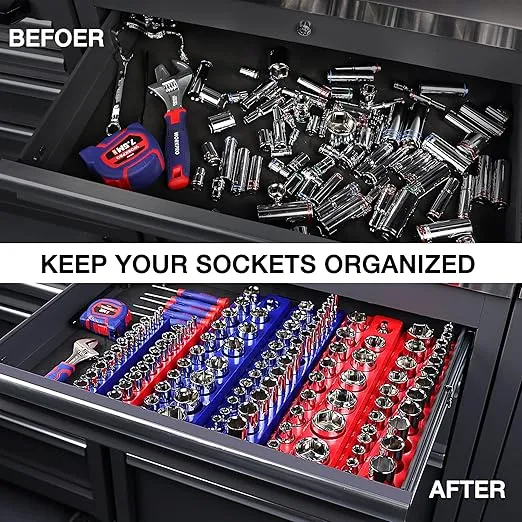 WORKPRO Magnetic Socket Organizer Set, 6-Piece Socket Holder Set Includes 1/4", 3/8", 1/2" Drive Metric SAE Socket Trays, Holds 143 Pieces Standard Size and Deep Size Sockets(Socket not Included)