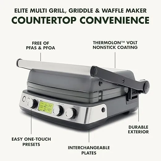 GreenPan Elite 7-in-1 Multi-Function Contact Grill & Griddle, Healthy Ceramic Nonstick Aluminum, Grill & Waffle Plates, Adjustable Shade & Shear, Closed Press/Open Flat Surface, PFAS-Free, Graphite