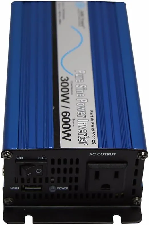 AIMS Power PWRI30012S Pure Sine Power Inverter with USB Port, 12 VDC 300 Watt Continuous Power, 600 Watt Peak Power, USB Port, Cables Included