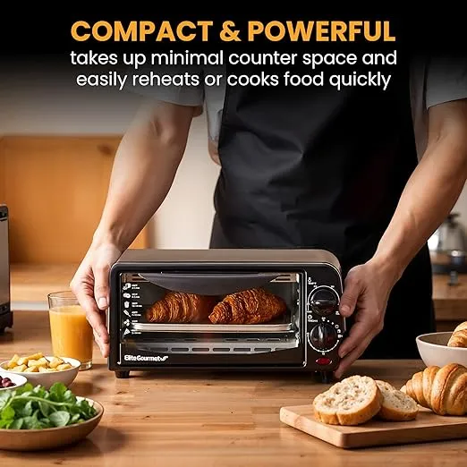 Elite Gourmet ETO236 Personal Compact 2 Slice Countertop Toaster Oven with 15 Minute Timer & Adjustable Temperature, Bake, Broil, & Toast, Black