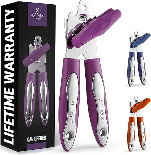 Zulay Kitchen Can Opener Handheld - Durable Manual Can Opener Smooth Edge Cut Stainless Steel Blades - Heavy-Duty Can Opener Manual with Comfortable Grip Handle and Large Turn Knob (Plum)