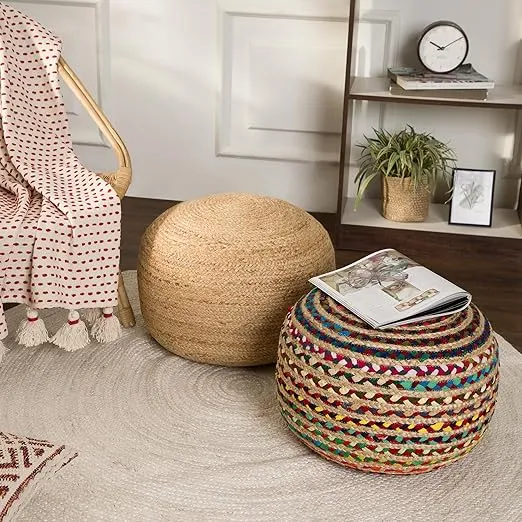 REDEARTH Round Pouf Ottoman - Braided Boho Poof Home Décor Pouffe Accent Sitting Circular Foot Rest for Living Room, Bedroom, Nursery, Kidsroom, Lounge; Jute and Cotton (19.5"x19.5"x14"; Multi)