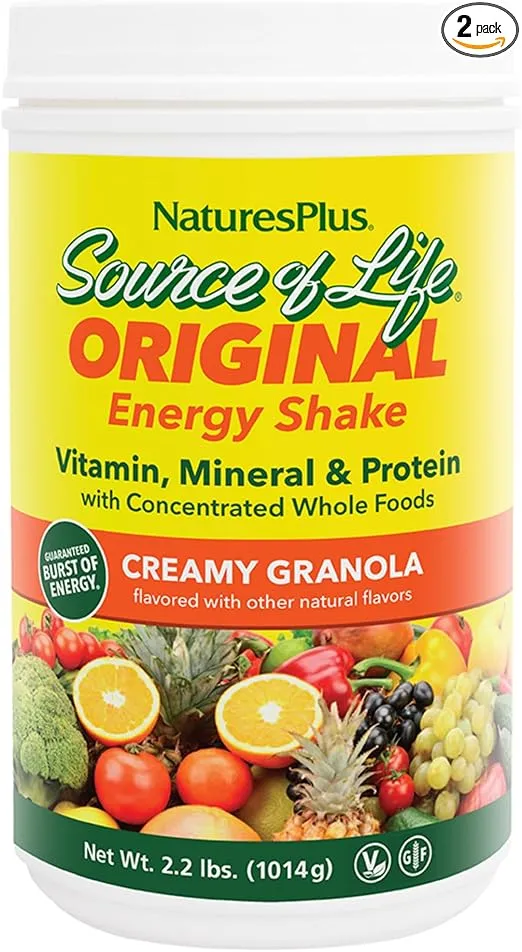 Natures Plus Source of Life Energy Shake, Creamy Granola - 2.2 lbs, Pack of 2 - Provides 13g Complete Protein, Vitamins & Minerals - Non-GMO, Gluten Free, Vegetarian - 52 Total Servings