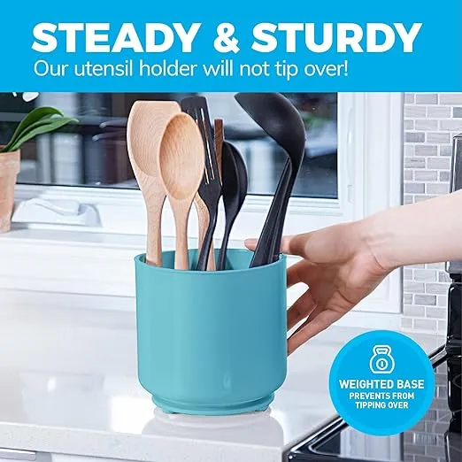 Rotating Extra Large Light Blue Plastic Utensil Holder Caddy with Sturdy No-Tip Weighted Base, Removable Divider, and Gripped Insert - Dishwasher Safe Kitchen Utensil Holder for Countertop