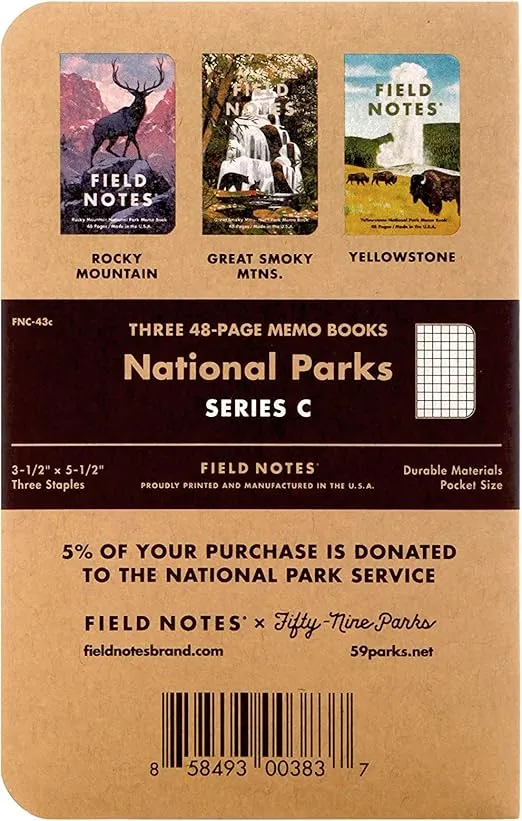 Field Notes: National Parks Series (Series C - Rocky Mountain, Great Smoky Mountains, Yellowstone) - Graph Paper Memo Book 3-Pack - 3.5 x 5.5 Inch