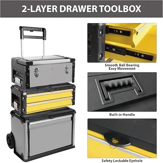 BIG RED Stackable Rolling Tool Box Portable Metal Toolbox Organizer with Wheels and 2 Drawers Separate Rolling Upright Trolley Tool Chest for Garage or Workshop,Yellow,ATRJF-C305ABDY