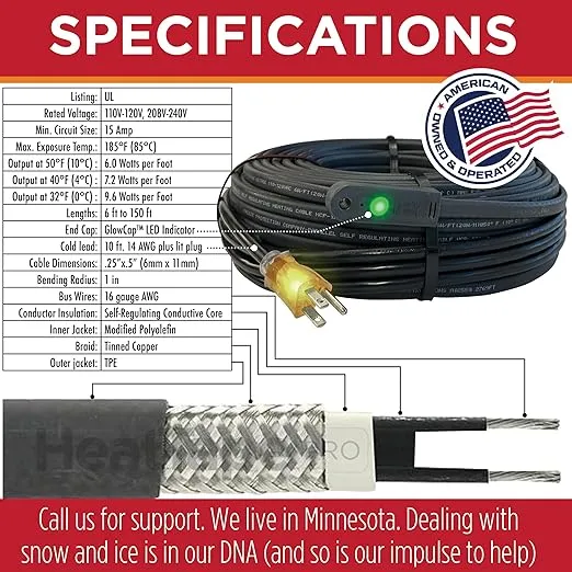 RADIANT SOLUTIONS HeatTapePro - Intelligent Commercial Grade Self-Regulating Heat Cable with GlowCap™ - 10 YR warranty - Ice Dam & Pipe Freeze Protection - 75 ft cable + 10 Ft Cord, 120V, 6 watts/Ft