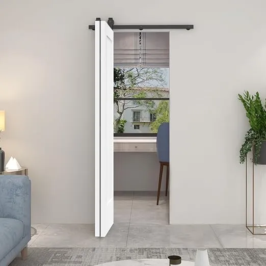 30 in. x 80 in. 1 Panel Shaker White Painted MDF Composite Bi-Fold Barn Door with Sliding Hardware Kit