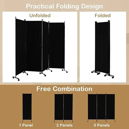 LDAILY 4 Panels Folding Room Divider, 6FT Tall Fabric Privacy Screen w/Metal Frame, Freestanding Partition Wall Divider w/Rolling Wheels for Bedroom, Dining Room, Office, Hospital (Black, 4-Panel)