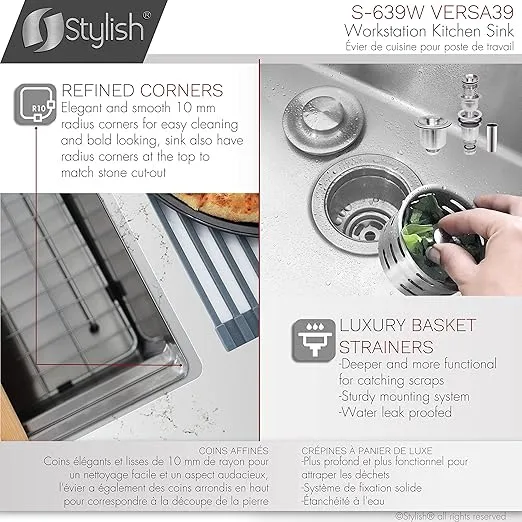 STYLISH 39 x 19 inch Stainless Steel Single Bowl Undermount 16G Workstation Reversible Kitchen Sink with Luxury Strainer, Grids, Drying Rack, Bamboo Cutting, Serving Board and Colander, S-639W