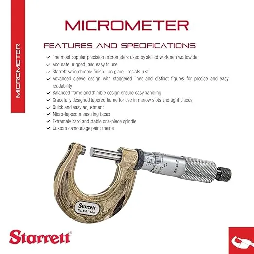 Starrett Outside Micrometer with Micro-Lapped Measuring Faces, Satin Chrome Finish and Advanced Sleeve Design - Quick and Easy Adjustment, .0001 in Graduations - T436.1XRL-1