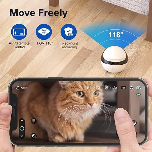 360°Dog Camera: Whole House Movable Camera, Pet Camera with 2 Way Audio, Motion Detection, Night Vision, Self-Charging, Cat Camera WiFi Wireless Security Camera, Remote APP Control Camera for Dog Cat