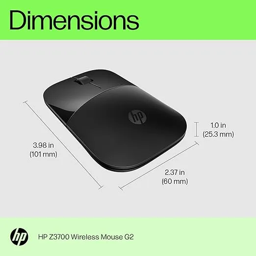 HP Z3700 G2 Wireless Mouse - Onyx Black, Sleek Portable Design fits Comfortably Anywhere, 2.4GHz Wireless Receiver, Blue Optical, for Wins PC, Laptop, Notebook, Mac, Chromebook (681R7AA#ABL)