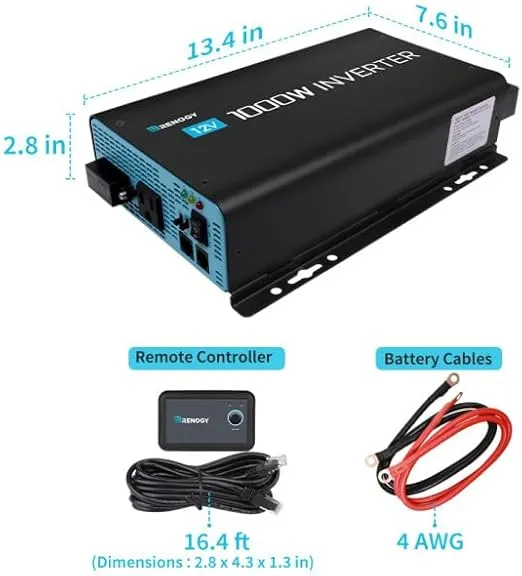 Renogy 1000W Pure Sine Wave Inverter with ECO Mode, 12V DC to AC 120V 110V Converter for Off-Grid Solar System, Home, RV, Solar Power Inverter with Remote Switch, Surge 2000W