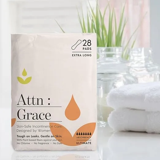 Attn: Grace Ultimate Incontinence Pads for Women 2-Pack (56 Pads Total / 28 per Pack) - High Absorbency for Sensitive Skin | Protection for Heavy Bladder Leakage/Discreet, Breathable, & Plant-Based
