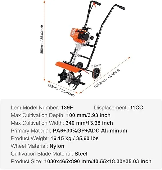 VEVOR Tiller Cultivator, 31CC 4-Stroke Garden Cultivator, Tiller with 4 Steel Adjustable Front Tines for Lawn, Garden and Field Soil Cultivation