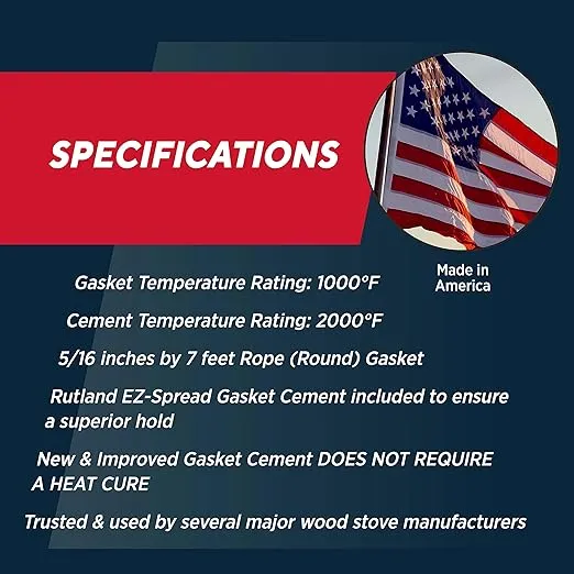 Rutland Wood Stove Gasket Replacement Kit, Graphite Impregnated Gasket & Adhesive, 5/16" X7' Rope