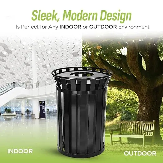 Alpine Commercial Outdoor Trash Can - 38 Gallon Heavy Duty Metal Garbage Can with Lid & Liner, All Weather Resistant Large Outside Trash Can Used in Park, School. Parking, Beach (Black - Open Top)