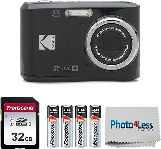 KODAK PIXPRO FZ45 16MP Digital Camera with 4X Optical Zoom 27mm Wide Angle and 2.7" LCD Screen Bundle with 32GB SD Memory Card, AA Batteries (4 Pack), Lens Cleaning Cloth (Black)