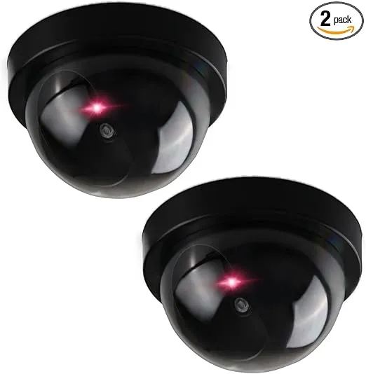 Fake Security Camera - Realistic Set of 2 Fake Security Cameras - Durable Dummy Cameras for Outside - Battery-Operated Fake Cameras with Red Light - Fake Outdoor Camera for Indoor or Outdoor