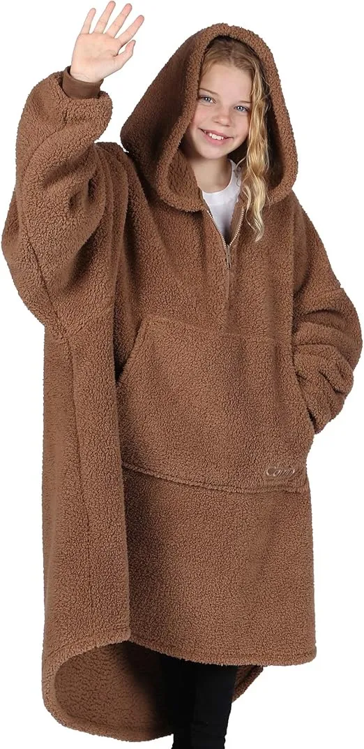 THE COMFY Teddy Bear Quarter-Zip | Oversized Microfiber & Sherpa Wearable Blanket, Seen On Shark Tank, One Size Fits All - Camel