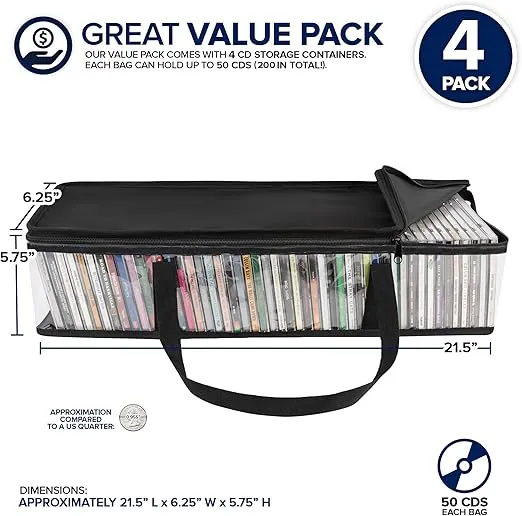 Stock Your Home CD Storage Bags (4 Pack) - Transparent PVC Media Storage - Water Resistant CD Holder Case with Handles - Clear Plastic Carrying Game Bag Storage for CDs, Albums, Video Games, Books