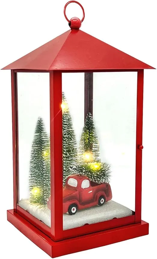 Scenic Lighted Christmas Lanterns, 11’’ Tall Square Red Lantern Battery Operated Built-in Timer with PS Panels