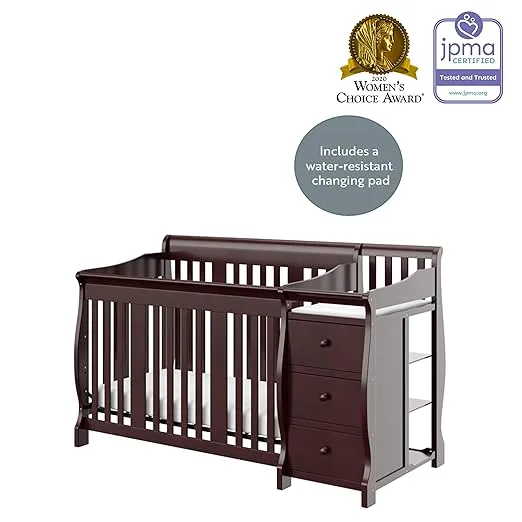 Storkcraft Portofino 5-in-1 Convertible Crib and Changer (Espresso) – Crib and Changing -Table Combo with 3 Drawers, Includes Baby Changing Pad, Converts to Full-Size Bed