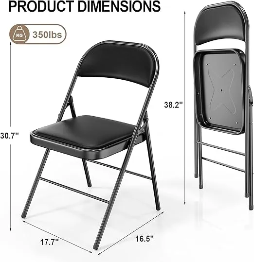 VINGLI Folding Chairs with Padded Seats, Metal Frame with Pu Leather Seat & Back, Capacity 350 lbs, Black, Set of 4