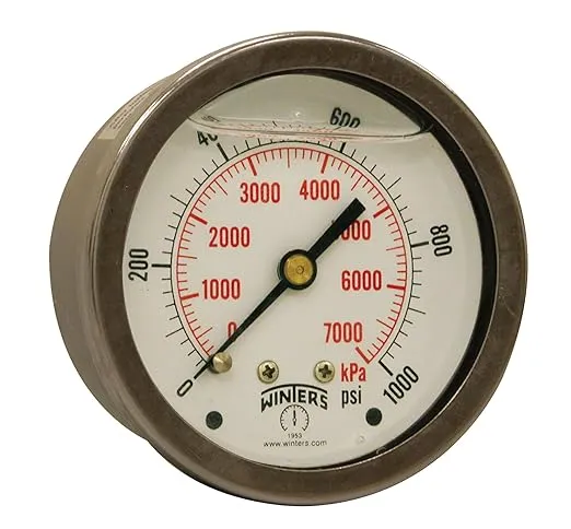 Winters 2-1/2" Dial Size, Liquid Filled Industrial Pressure Gauge, Brass Internals, Stainless Steel Case, Dual Scale 0-1,000 psi/kPa, 1.5% Acc, 1/4" NPT Back Mount, Glycerin Filled Pressure Gauge