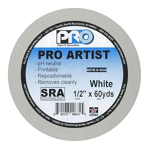 ProTapes Artist Tape Flatback Printable Paper Board or Console Tape, 60 yds Length x 1/2" Width, White (Pack of 1)