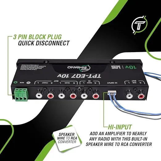 Timpano 7 band equalizer TPT-EQ7 10V High Voltage Line Driver 6 Channel RCA Output and Subwoofer Control and Crossover 1/2 Din Graphic Car Audio Eq with High Level Input