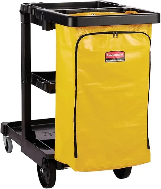Rubbermaid Commercial Traditional Janitorial 3-Shelf Cleaning Cart, Wheeled with Zippered Yellow Vinyl Bag, for Business/School/Office/Janatorial Cleaning