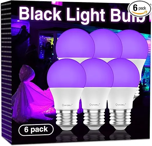 Onforu 15W LED Black Light Bulbs, A19 E26 Blacklight Bulb 120W Equivalent, Purple Bulb 385-400nm, Glow in The Dark for Halloween, Black Light Party, Body Paint, Fluorescent Poster, 6 Pack