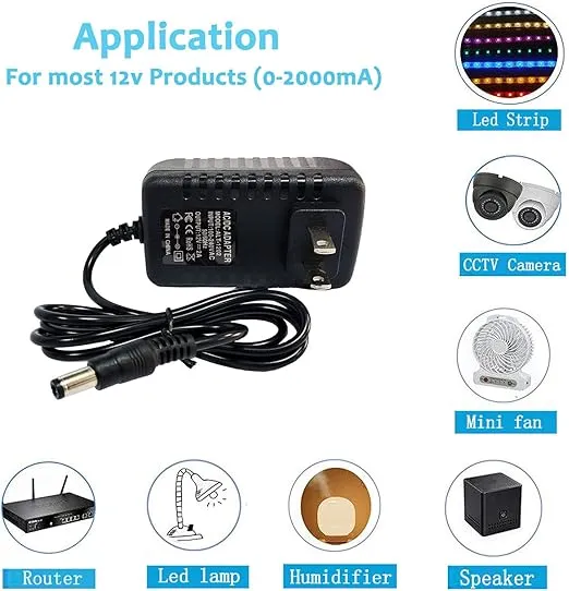 12 Volt 2A Power Adapter Supply, AC 100-240V to DC 12 V Power Supply Transformer Charger Wall Plug for DC12V Light Security CCTV Camera, Black, 8x5x3.3 cm