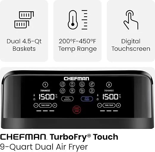 Chefman TurboFry Touch Dual Air Fryer, Maximize The Healthiest Meals With Double Basket Capacity, One-Touch Digital Controls And Shake Reminder For The Perfect Crispy And Low-Calorie Finish