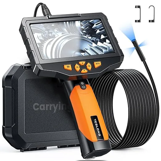 Triple Lens Borescope Inspection Camera, Teslong Professional Endoscope with Light, Digital Video Scope Camera, 5" IPS Screen, Waterproof Flexible Cable for Automotive/Home/Wall/Pipe/Car (16.5FT)
