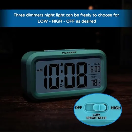 Peakeep Night Light Digital Alarm Clock Battery Operated with Indoor Temperature, Desk Small Clock (Blue)