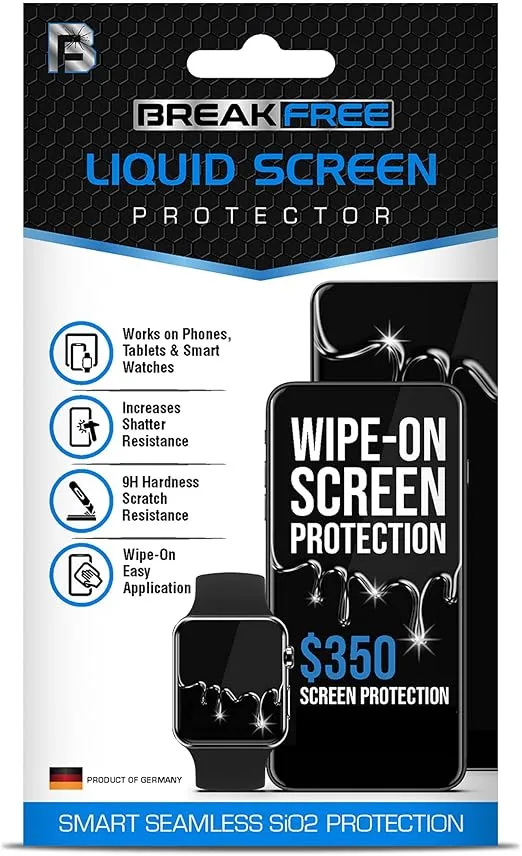 BREAK FREE Liquid Glass Screen Protector With $350 Coverage | Wipe On Shatter and Scratch Resistant Nano Protection for All Phones Tablets and Smart Watches - Universal Fits All