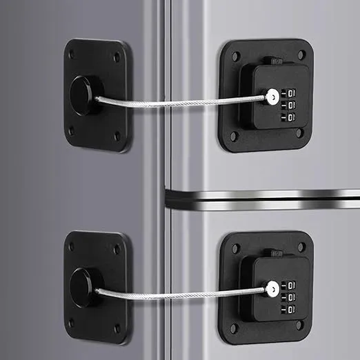 Refrigerator Lock (2 Pack), Heavy Duty Combination Fridge Lock, for Fridge, Cabinets, Window, Drawers and Child Safety Cabinet Lock, 3M Adhesive No Drilling (Black)