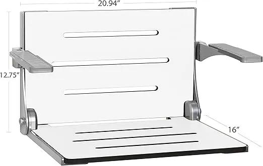Seachrome Silhouette Comfort Folding Wall Mount Shower Bench Seat with Arms, White Seat with Silver Frame