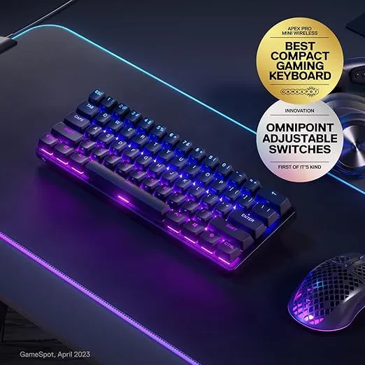 SteelSeries Apex Pro Mini Wireless HyperMagnetic Gaming Keyboard – Compact 60% Form Factor - Adjustable Actuation - RGB – PBT Keycaps- Bluetooth – 2.4GHz - USB-C