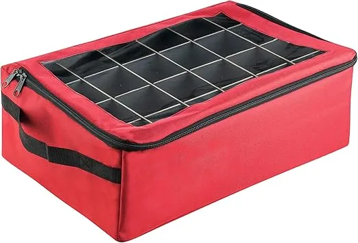 Ornament Storage Box - Zippered Lid Organizer with 48 Individual Compartments and Dividers for Christmas Bulbs and Decorations by Tiny Tim Totes (Red)