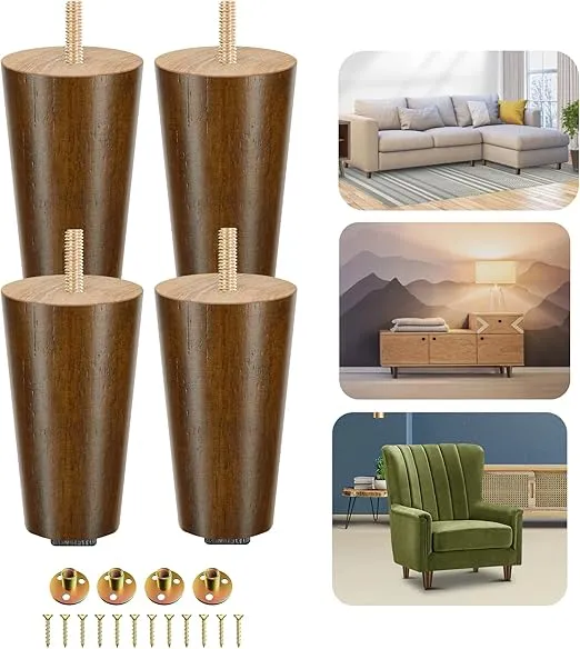 Yes4All 4 Inches Round Wood Furniture Legs, Wooden Replacement Feet for Couch, Bench-Adjustable Sofa, Ottomans Tapered Leg with Leveler, Brown Rubber Wood Parts for Table,Chair, 4 Count (Pack of 1)