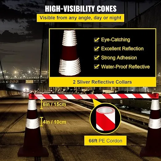 VEVOR Safety Cones, 28 in/73 cm Height, 12 PCS PVC Orange Traffic Cone with 2 Reflective Collars and Weighted Base, Used for Traffic Control, Driveway Road Parking and School Improvement