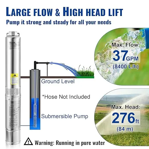 VEVOR Deep Well Submersible Pump, 1.5HP 230V/60Hz, 37gpm 276ft Head, with 33ft Electric Cord, 4" Stainless Steel Water Pumps for Industrial, Irrigation and Home Use, IP68 Waterproof Grade