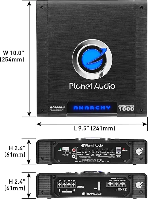 Planet Audio AC1000.2 Anarchy Series 2 Channel Class A/B Car Amplifier - 1000 High Output, 2-4 Ohm, High/Low Level Inputs, High/Low Pass Filter, Full Range, Bridgeable, Hook Up to Subwoofer for Bass