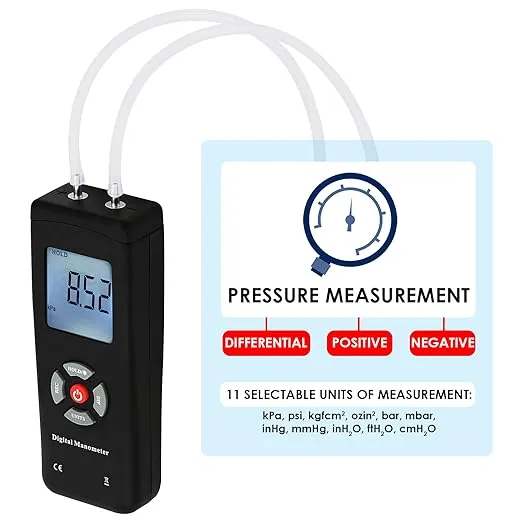 Manometer Gas Pressure Tester Digital Air Pressure Meter, 12 Selectable Units Differential Pressure Gauge HVAC Gas Pressure Tester